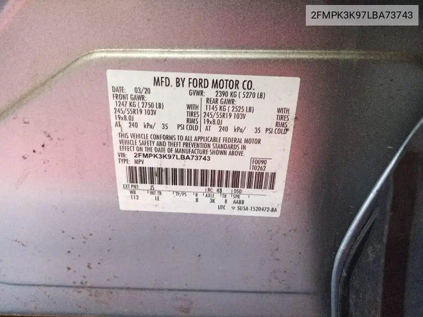 2020 Ford Edge Titanium VIN: 2FMPK3K97LBA73743 Lot: 42624964
