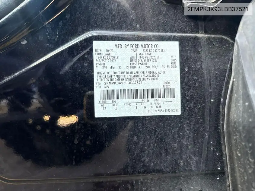 2020 Ford Edge Titanium VIN: 2FMPK3K93LBB37521 Lot: 42631302