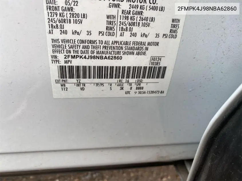 2022 Ford Edge Sel VIN: 2FMPK4J98NBA62860 Lot: 42268600