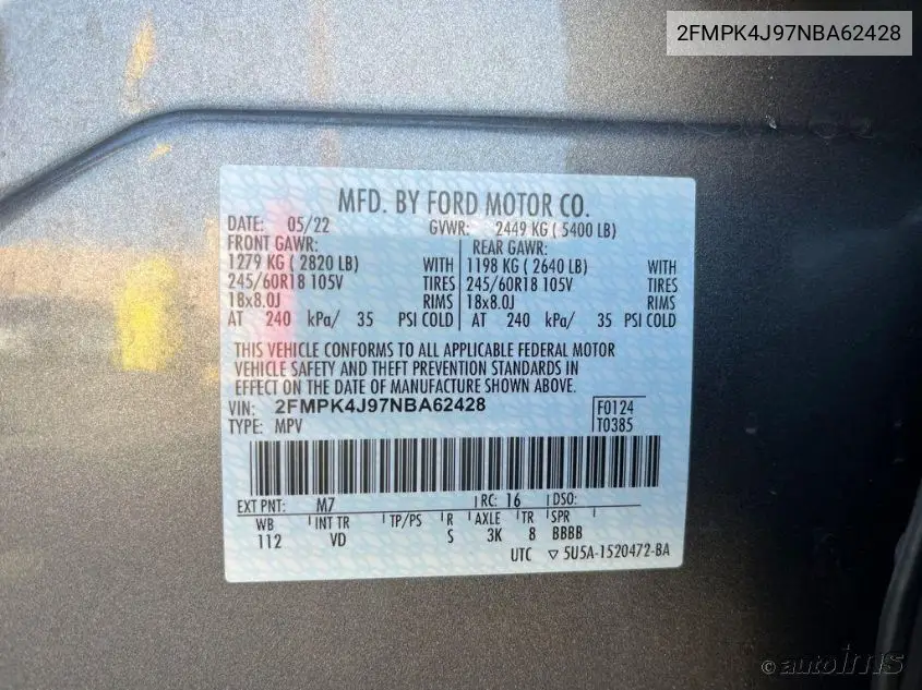 2022 Ford Edge Sel VIN: 2FMPK4J97NBA62428 Lot: 42273195