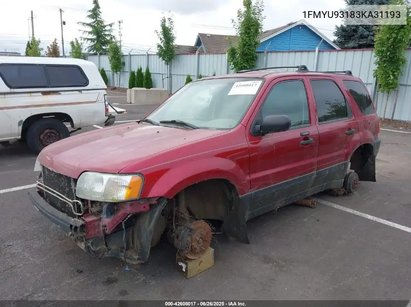 2003 Ford Escape Xlt VIN: 1FMYU93183KA31193 Lot: 42608017