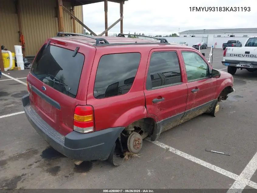 2003 Ford Escape Xlt VIN: 1FMYU93183KA31193 Lot: 42608017