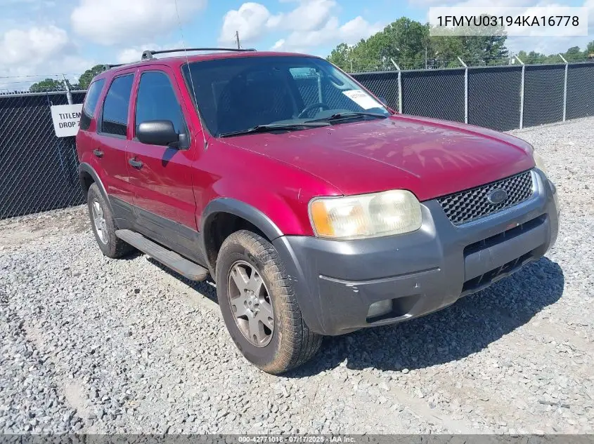 2004 Ford Escape Xlt VIN: 1FMYU03194KA16778 Lot: 42771018
