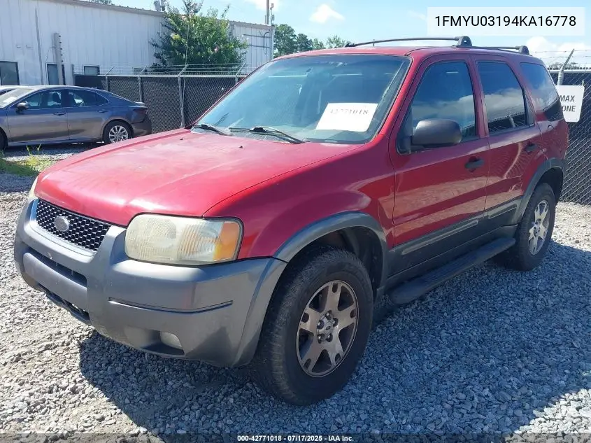 2004 Ford Escape Xlt VIN: 1FMYU03194KA16778 Lot: 42771018