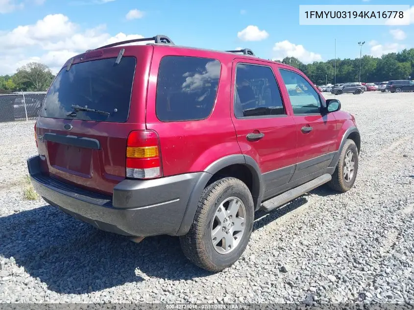 2004 Ford Escape Xlt VIN: 1FMYU03194KA16778 Lot: 42771018