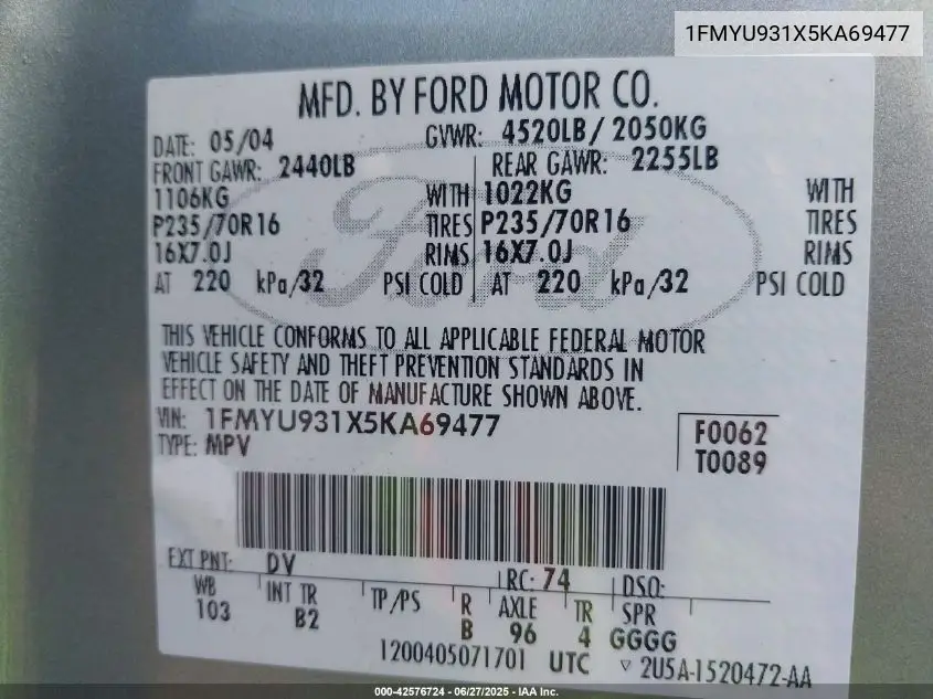 2005 Ford Escape Xlt VIN: 1FMYU931X5KA69477 Lot: 42576724