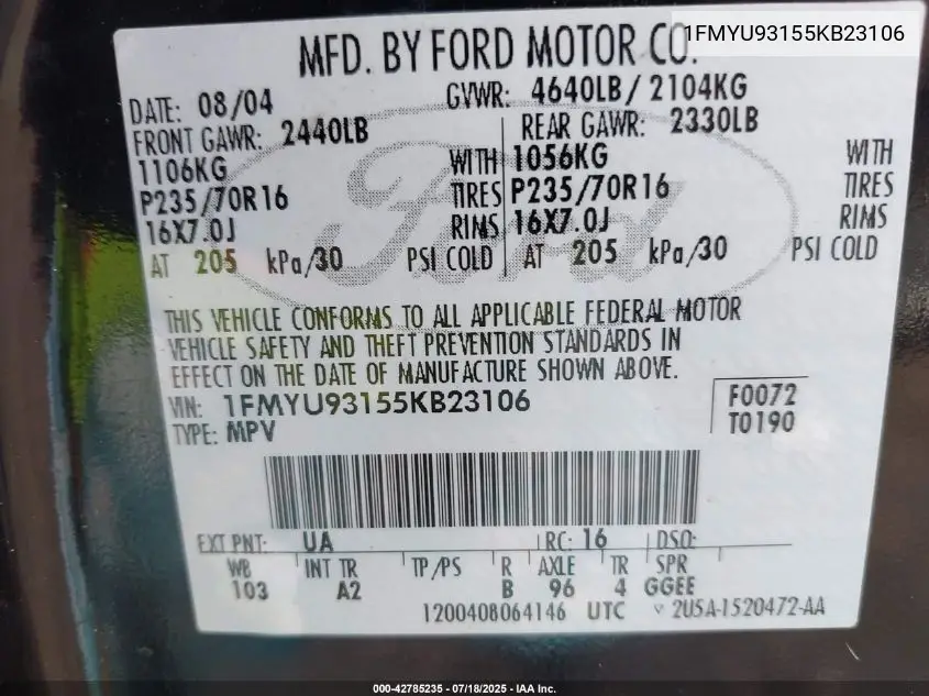 2005 Ford Escape Xlt VIN: 1FMYU93155KB23106 Lot: 42785235