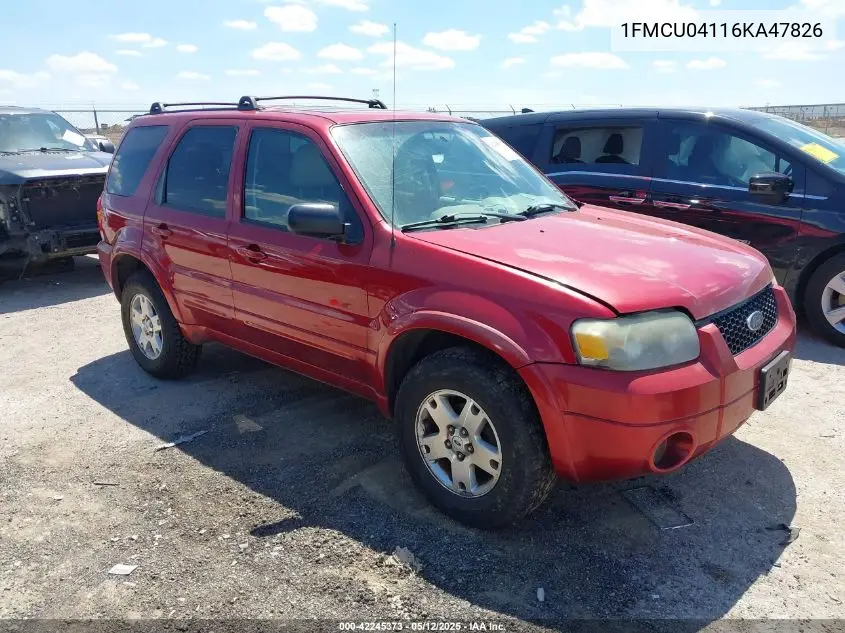 2006 Ford Escape Limited VIN: 1FMCU04116KA47826 Lot: 42245373