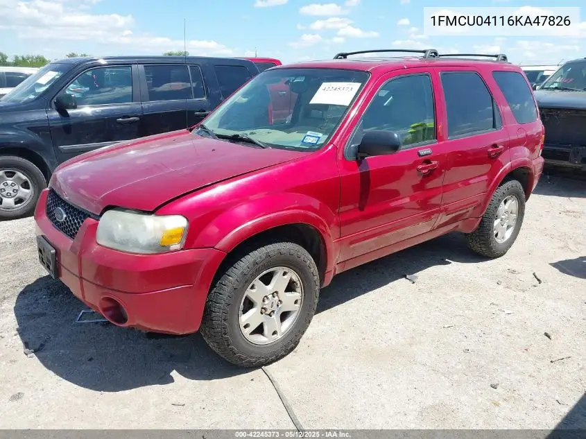 2006 Ford Escape Limited VIN: 1FMCU04116KA47826 Lot: 42245373