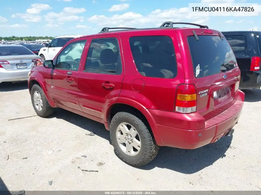 2006 Ford Escape Limited VIN: 1FMCU04116KA47826 Lot: 42245373