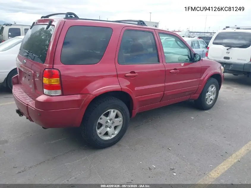 2006 Ford Escape Limited VIN: 1FMCU94126KC81249 Lot: 42261426