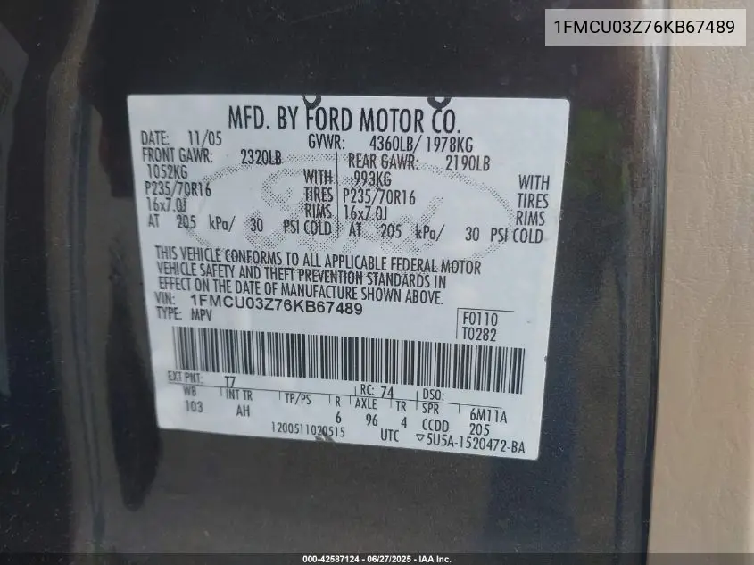 2006 Ford Escape Xlt VIN: 1FMCU03Z76KB67489 Lot: 42587124