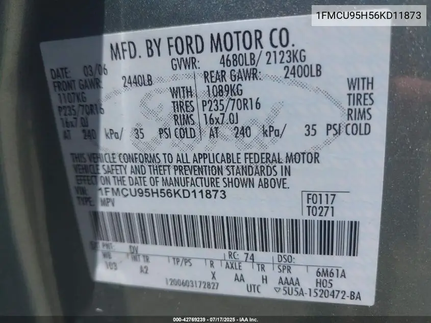 2006 Ford Escape Hybrid VIN: 1FMCU95H56KD11873 Lot: 42769239