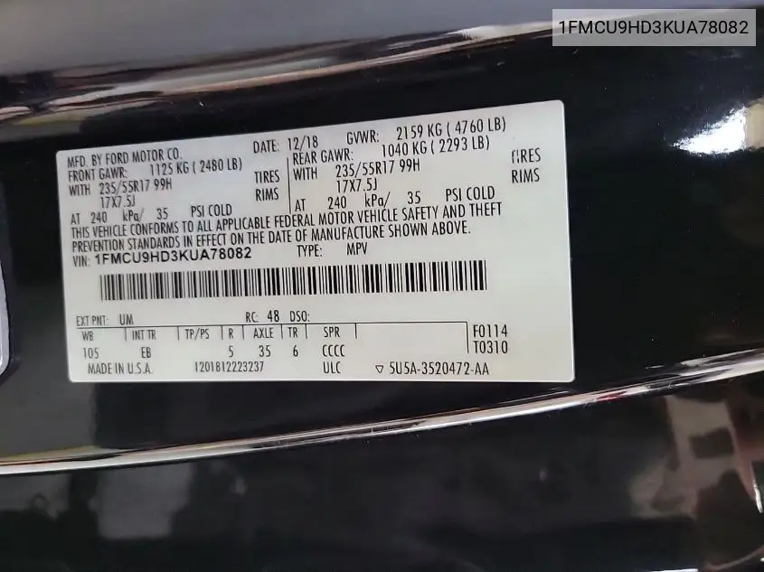2019 Ford Escape Sel VIN: 1FMCU9HD3KUA78082 Lot: 42632716