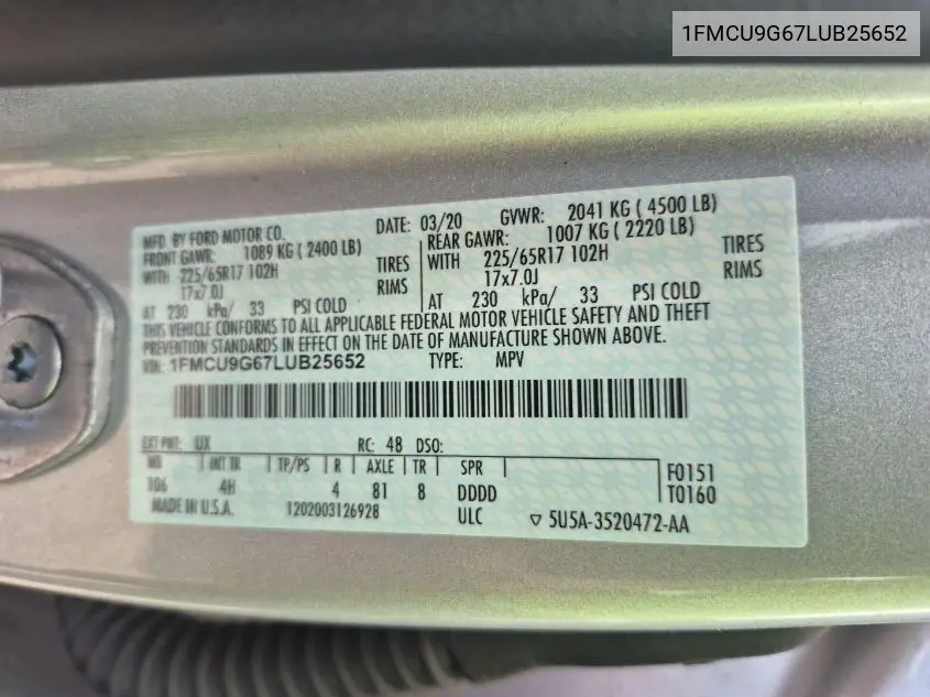 2020 Ford Escape Se VIN: 1FMCU9G67LUB25652 Lot: 42632712