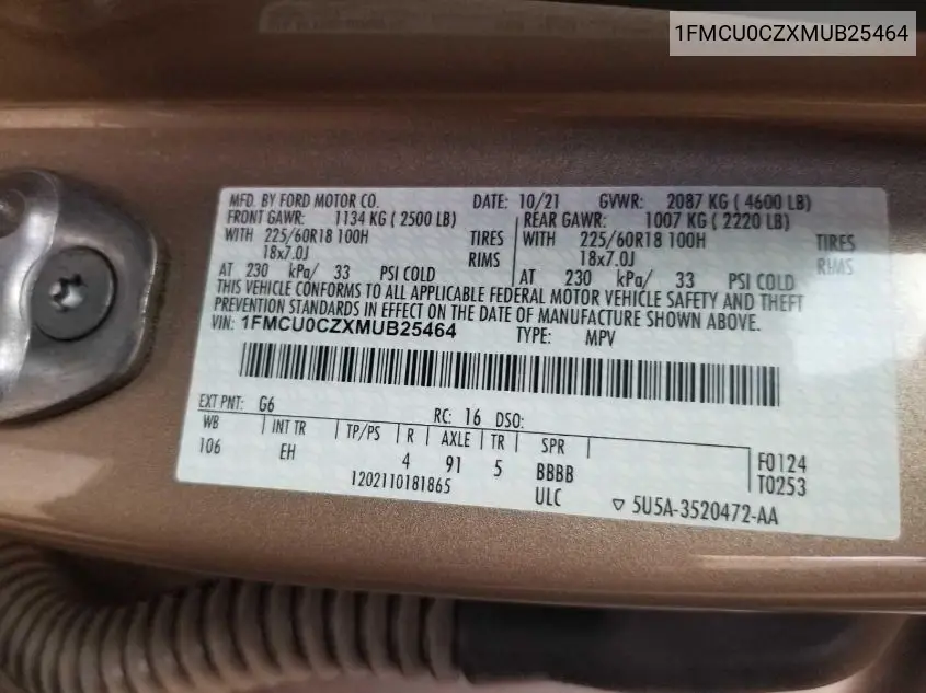 2021 Ford Escape Sel Hybrid VIN: 1FMCU0CZXMUB25464 Lot: 42616757