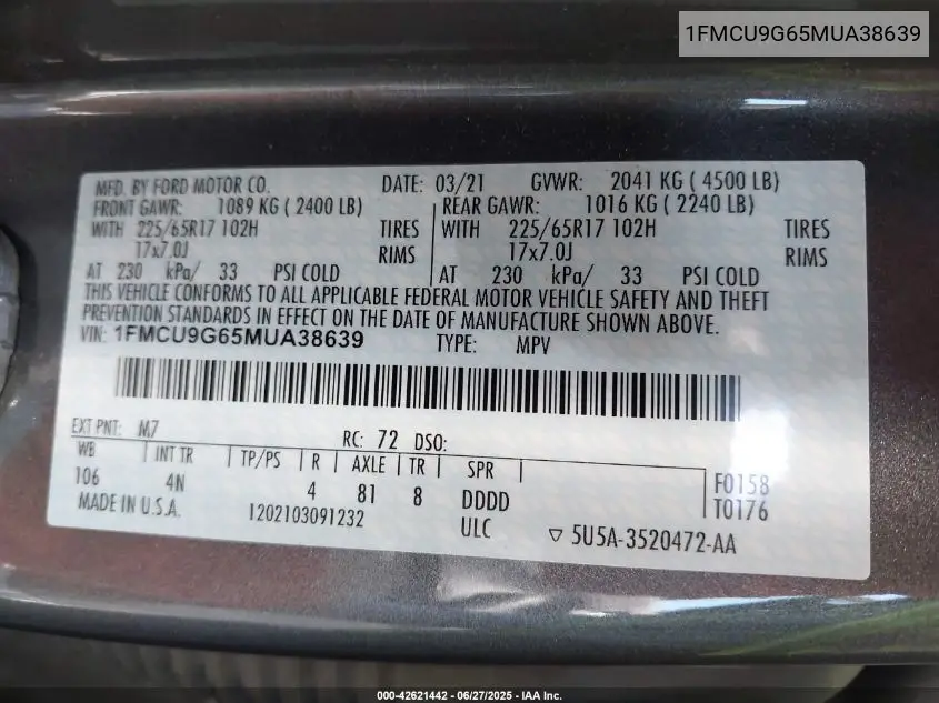2021 Ford Escape Se VIN: 1FMCU9G65MUA38639 Lot: 42621442