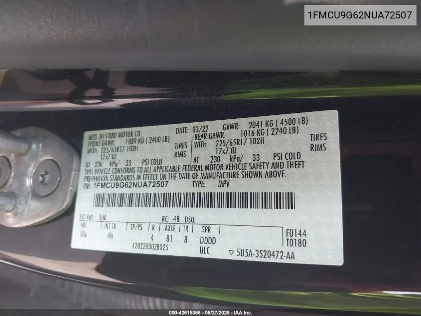 2022 Ford Escape Se VIN: 1FMCU9G62NUA72507 Lot: 42615366