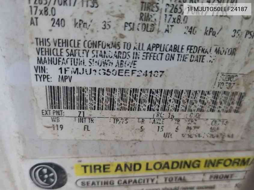 2014 Ford Expedition Xl VIN: 1FMJU1G50EEF24187 Lot: 42616117
