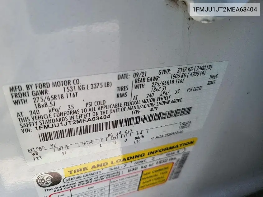 2021 Ford Expedition Xlt VIN: 1FMJU1JT2MEA63404 Lot: 42631099