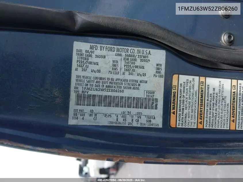 2002 Ford Explorer Xlt VIN: 1FMZU63W52ZB06260 Lot: 42627094