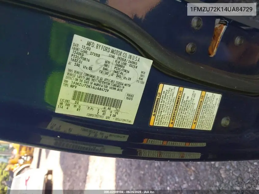2004 Ford Explorer Xls VIN: 1FMZU72K14UA84729 Lot: 42589104