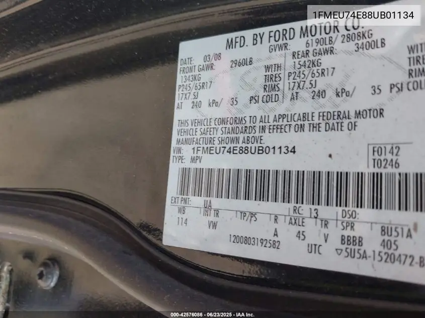 2008 Ford Explorer Eddie Bauer VIN: 1FMEU74E88UB01134 Lot: 42576086