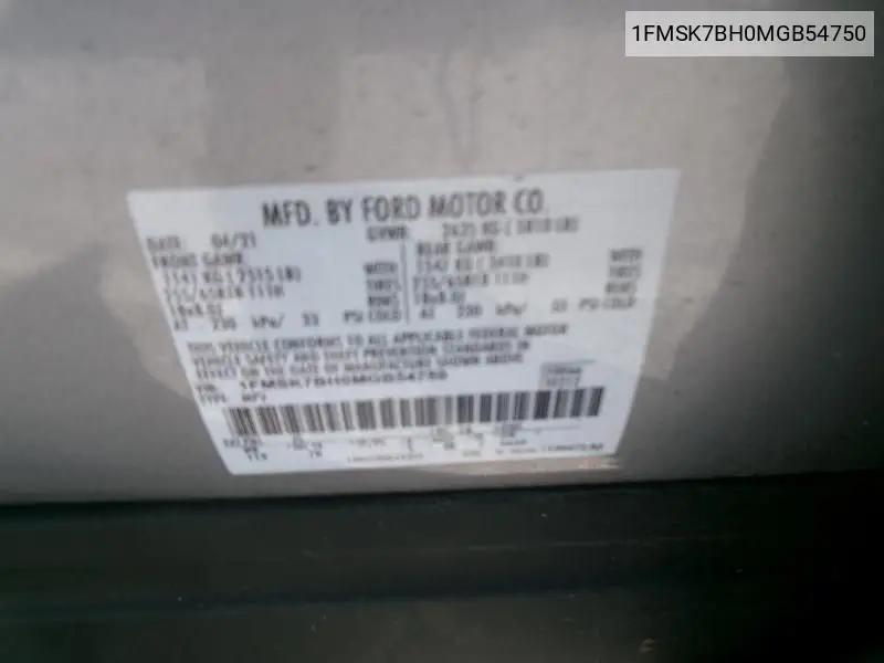 2021 Ford Explorer VIN: 1FMSK7BH0MGB54750 Lot: 42260694