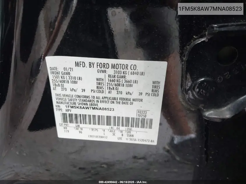 2021 Ford Police Interceptor VIN: 1FM5K8AW7MNA08523 Lot: 42490442