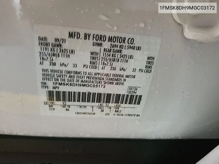 2021 Ford Explorer Xlt VIN: 1FMSK8DH9MGC03172 Lot: 42612849