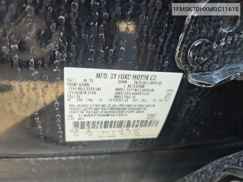 2021 Ford Explorer Xlt VIN: 1FMSK7DHXMGC11615 Lot: 42633667