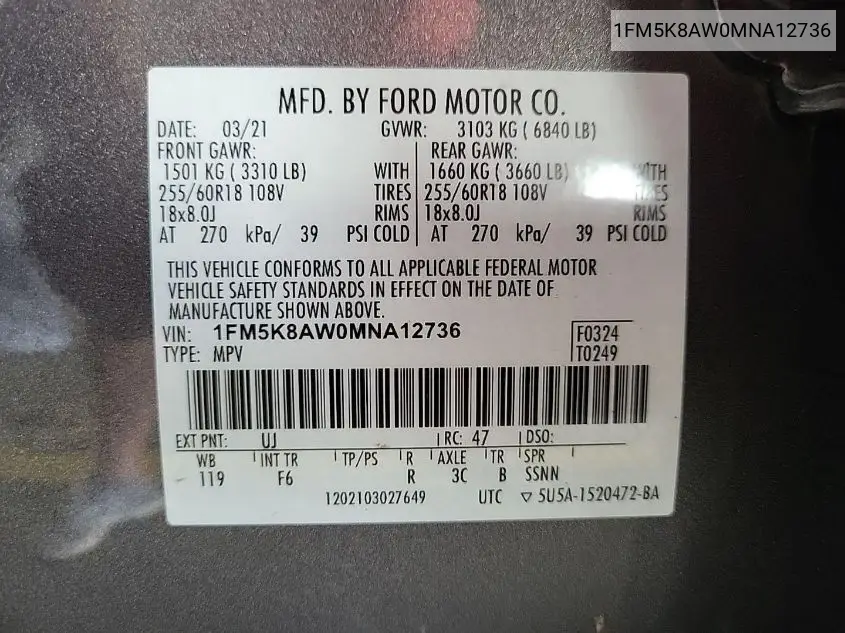 2021 Ford Explorer Police Interceptor VIN: 1FM5K8AW0MNA12736 Lot: 42634816