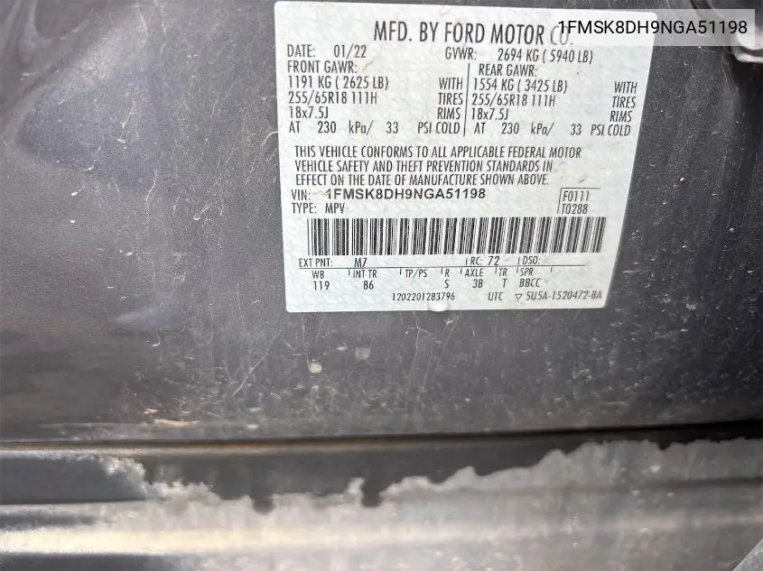 2022 Ford Explorer Xlt VIN: 1FMSK8DH9NGA51198 Lot: 42634919