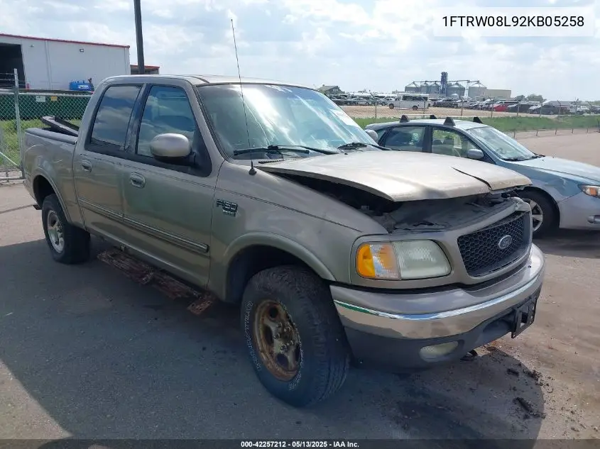 2002 Ford F-150 Lariat/Xlt VIN: 1FTRW08L92KB05258 Lot: 42257212