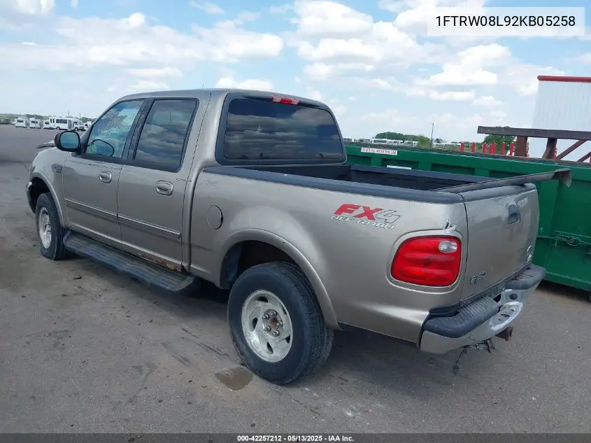 2002 Ford F-150 Lariat/Xlt VIN: 1FTRW08L92KB05258 Lot: 42257212