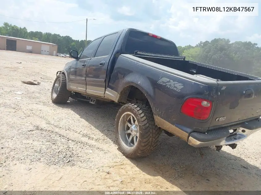 2002 Ford F150 Lariat/Xlt VIN: 1FTRW08L12KB47567 Lot: 42607445