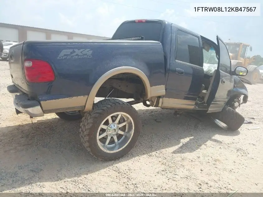 2002 Ford F150 Lariat/Xlt VIN: 1FTRW08L12KB47567 Lot: 42607445
