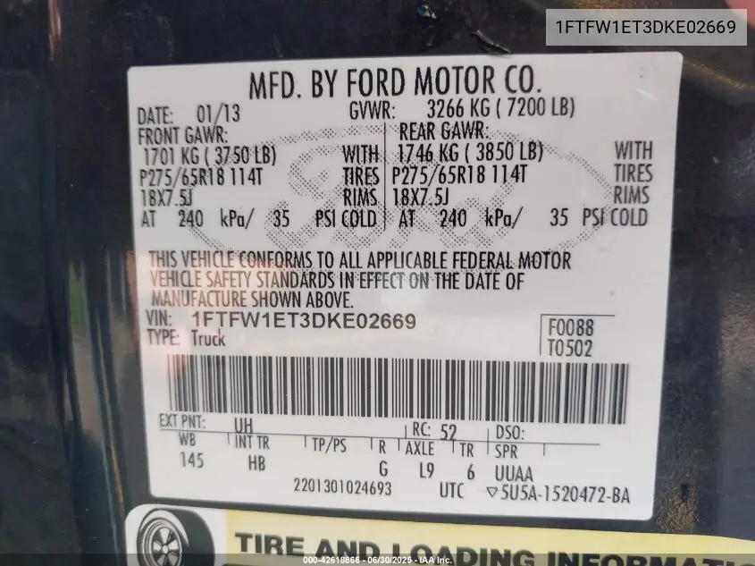 2013 Ford F-150 Lariat VIN: 1FTFW1ET3DKE02669 Lot: 42618866