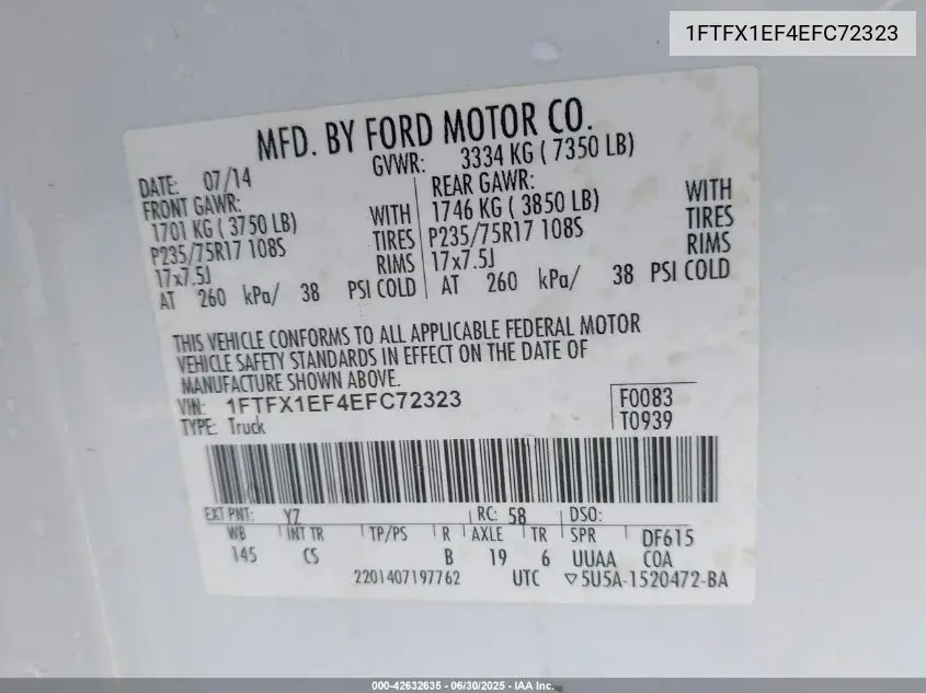 2014 Ford F-150 Stx VIN: 1FTFX1EF4EFC72323 Lot: 42632635