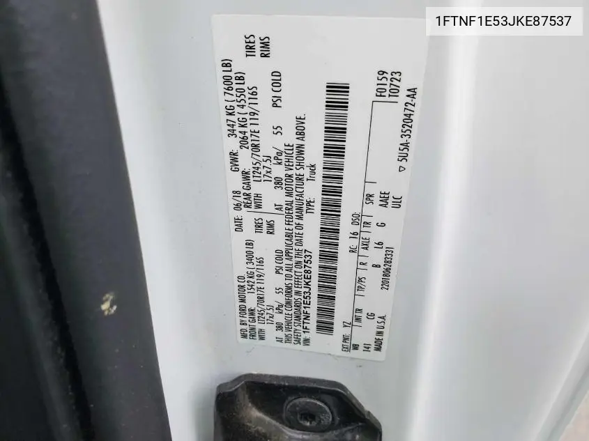 2018 Ford F150 VIN: 1FTNF1E53JKE87537 Lot: 42641761