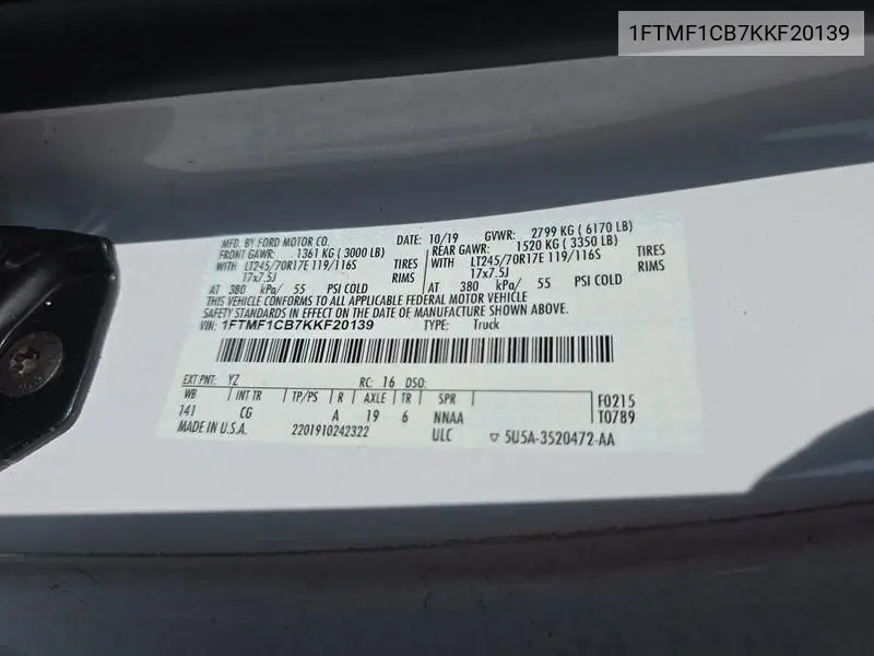 2019 Ford F150 VIN: 1FTMF1CB7KKF20139 Lot: 42633661