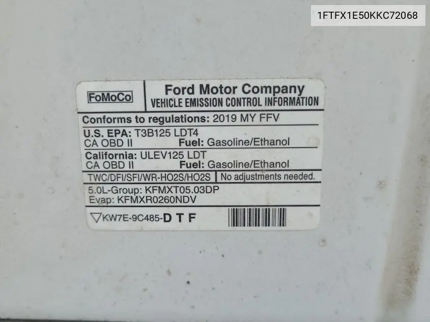 2019 Ford F150 Super Cab VIN: 1FTFX1E50KKC72068 Lot: 42828005