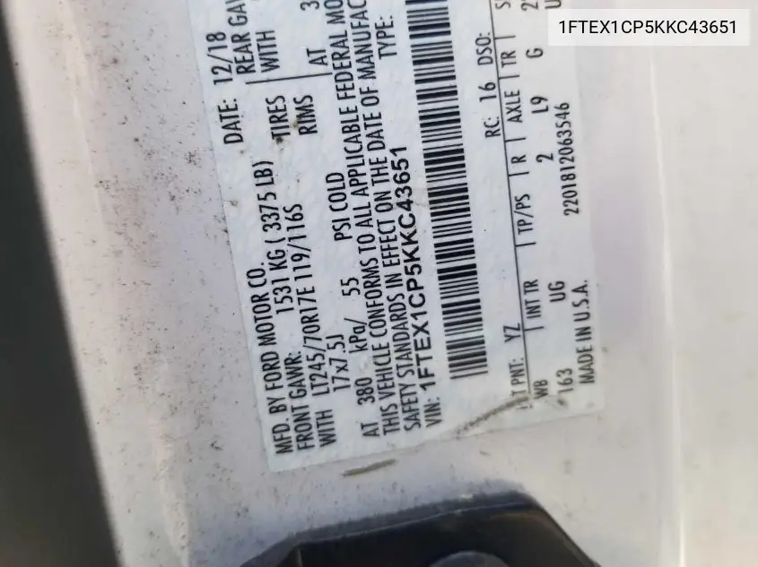 1FTEX1CP5KKC43651 2019 Ford F-150 Xlt