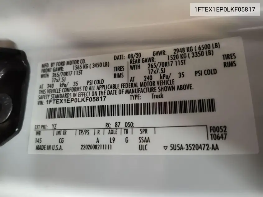 2020 Ford F-150 Xl VIN: 1FTEX1EP0LKF05817 Lot: 42644615