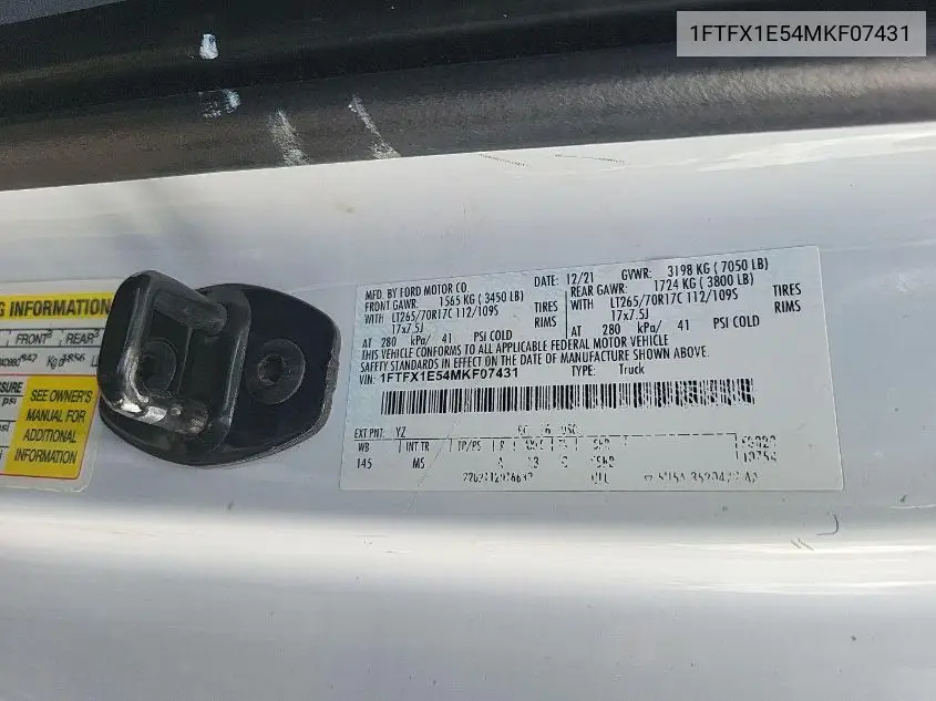 2021 Ford F150 Super Cab VIN: 1FTFX1E54MKF07431 Lot: 42636602