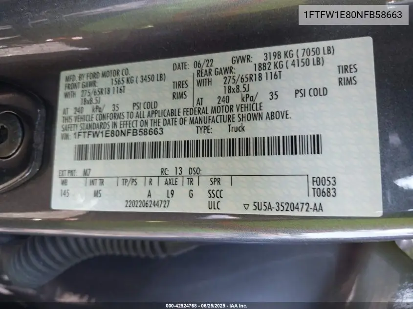 2022 Ford F-150 Xlt VIN: 1FTFW1E80NFB58663 Lot: 42524768