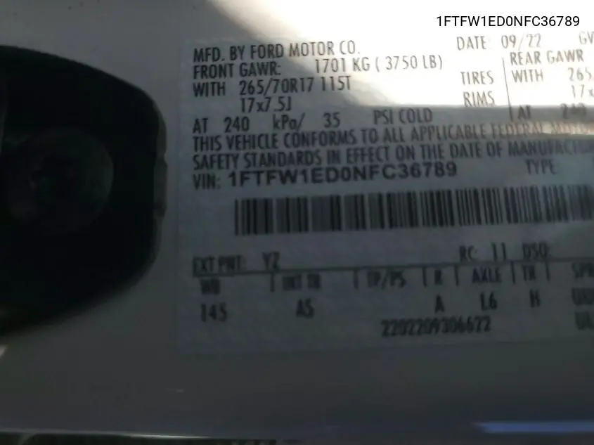 2022 Ford F150 Supercrew VIN: 1FTFW1ED0NFC36789 Lot: 42615390