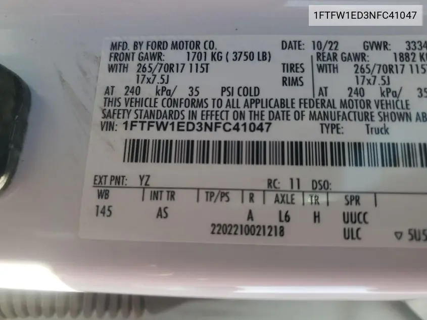 2022 Ford F150 Supercrew VIN: 1FTFW1ED3NFC41047 Lot: 42615391
