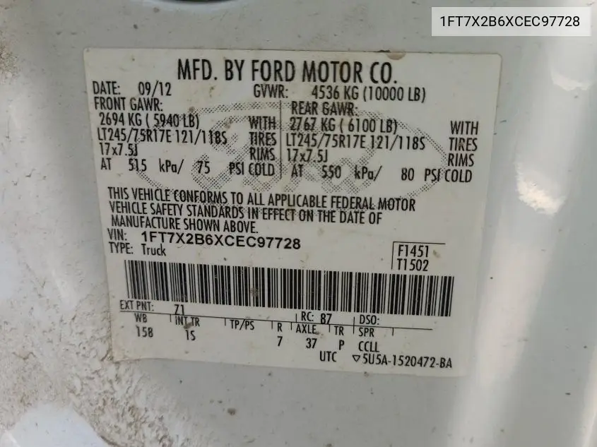 2012 Ford F250 Super Duty VIN: 1FT7X2B6XCEC97728 Lot: 42626425