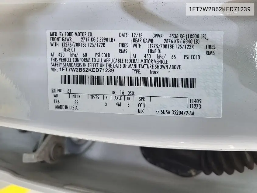 2019 Ford F250 Super Duty VIN: 1FT7W2B62KED71239 Lot: 42271711